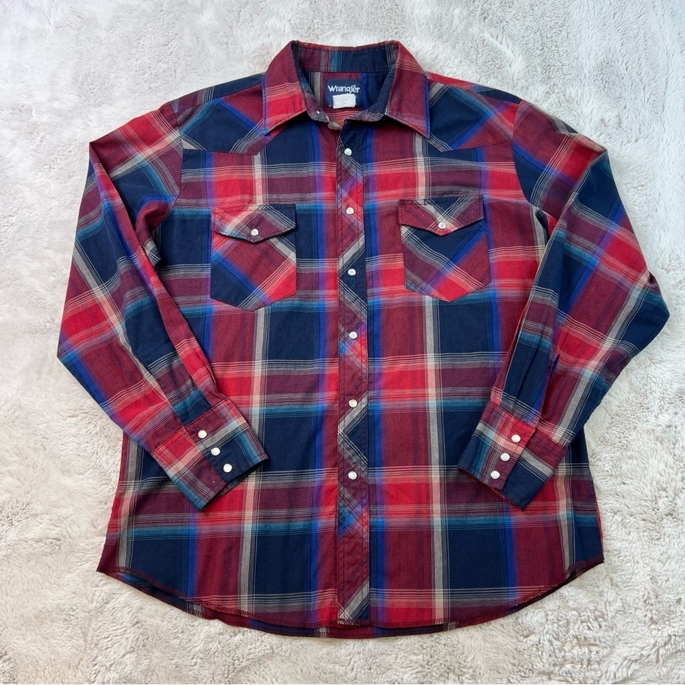 Wrangler Pearl Snap Shirt Casual Plaid Red Blue Western Size 16.5 / 35 - Picture 2 of 7
